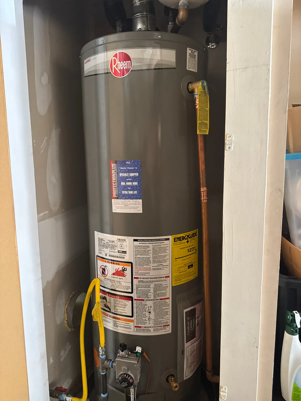 Gas water heater and copper piping in an attic
